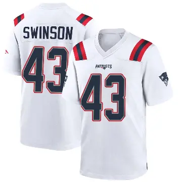 ＃43 Men's Bradyn Swinson White Game New England Patriots Jersey